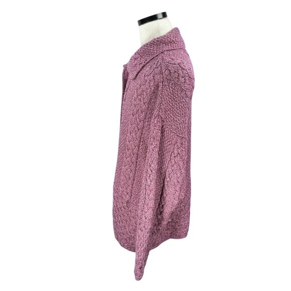 Aran Sweater Market Cardigan Womens XL Purple Pink Merino Wool Cable Knit Irish - Picture 5 of 11